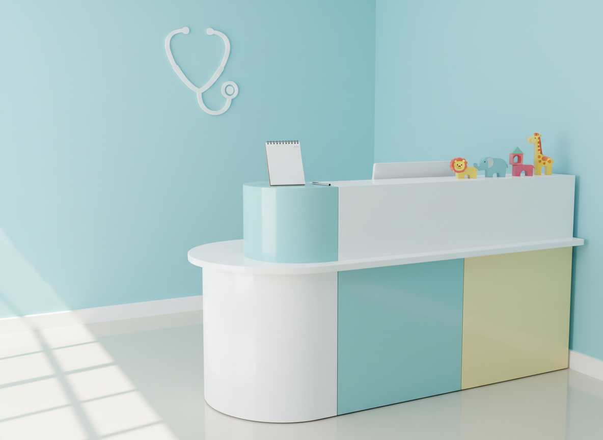 A bright, modern pediatric clinic reception desk made of smooth white laminate with rounded corners, accented by soft teal and pastel yellow panels. Colorful wooden building blocks shaped like animals rest neatly on the counter beside an open appointment book with crisp, clean pages. On the wall behind, a large, simplistic icon of a heart and stethoscope is mounted against a pale blue background. Soft daylight filters through unseen windows, creating gentle reflections on the glossy floor. Photographic realism, shot at eye level with a slightly wide angle, sharp focus throughout, conveying a professional, welcoming, and reassuring healthcare environment without showing any people.