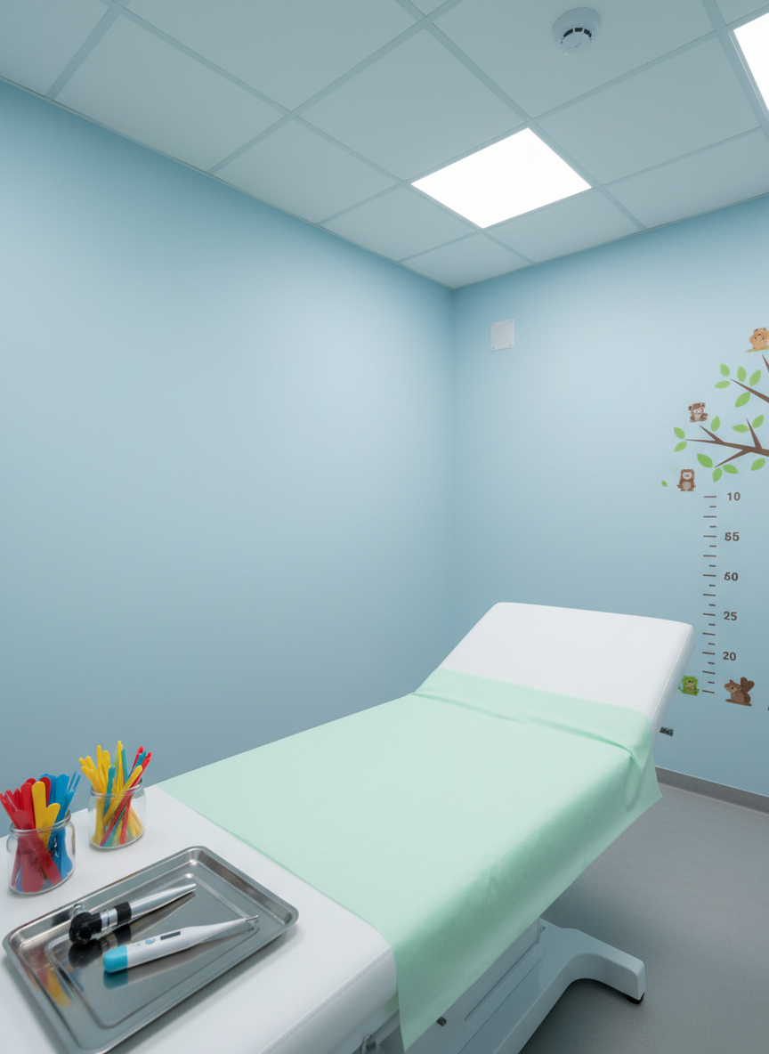 A spotless pediatric examination room centered around a pristine white exam table with cushioned vinyl surface, a neatly folded pastel green paper cover pulled smooth across the top. Beside it, a stainless-steel medical tray holds an otoscope, digital thermometer, and colorful, child-friendly tongue depressors arranged in a small glass jar. The walls are painted a calming light blue with a minimalist growth chart decal of a tree on one side. Overhead LED panel lighting casts even, shadow-free illumination. Photographic realism, composed with a balanced, slightly elevated angle, clean lines, and a calm, professional mood suitable for a pediatric health website.