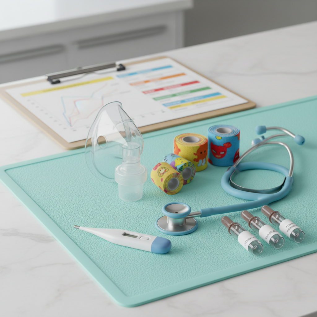 A close-up of well-organized pediatric medical tools laid out on a pale turquoise rubber mat: a small digital thermometer, pediatric-sized stethoscope with a soft silicone rim, brightly colored bandage wraps, a compact nebulizer mask, and neatly labeled medication droppers. In the background, slightly out of focus, a clipboard with a growth chart and vaccination schedule rests on a white countertop. Soft, diffused natural light from the left creates gentle highlights on metal surfaces and soft shadows along the mat’s subtle texture. Photographic realism, shallow depth of field, professional and meticulous atmosphere emphasizing safety, precision, and specialized child care.
